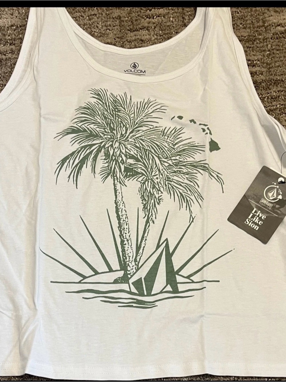 Volcom White Tank with Green Palm Sailboat Graphic